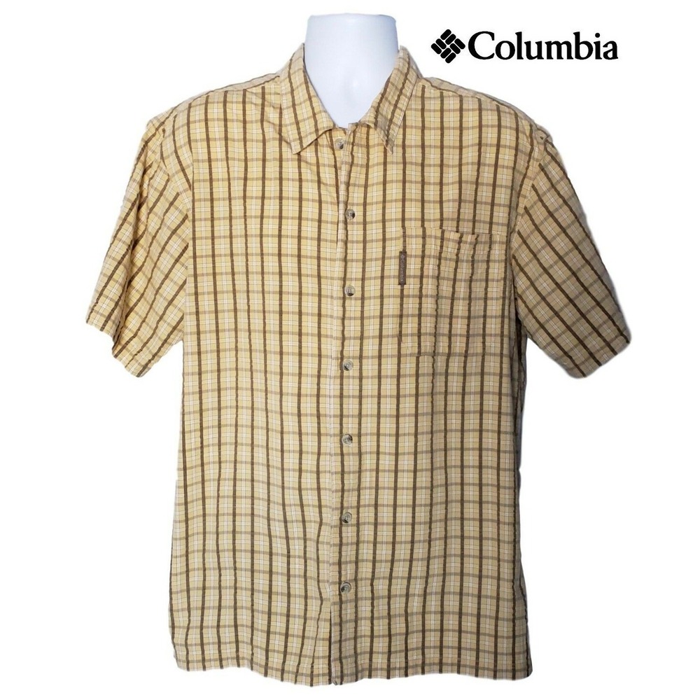 Columbia Sportswear Mens Large Plaid Short Sleeve 100% Cotton Beige Yellow Shirt